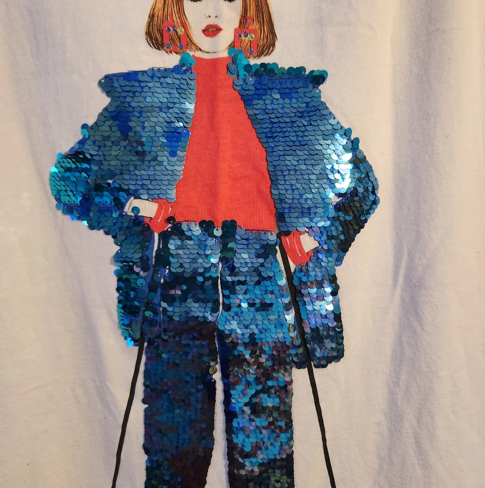 Zara White Tee with Pretty Blue Sequin Fashion Design, Size XL - Picture 3 of 5